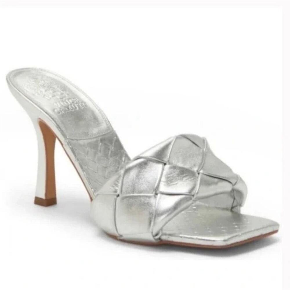 Vince Camuto Brelanie Silver Leather woven Braided Strap Mule Sandal NEW, Size 8